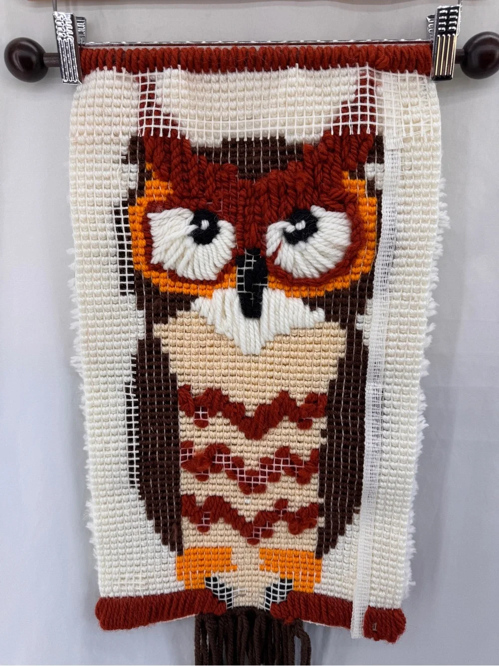 Vintage 70’s MCM Owl Latch Hook Wall Hanging Handmade Wool Yarn Boho Hippie